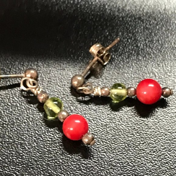 Peridot and Coral Post Earrings - Picture 1 of 5
